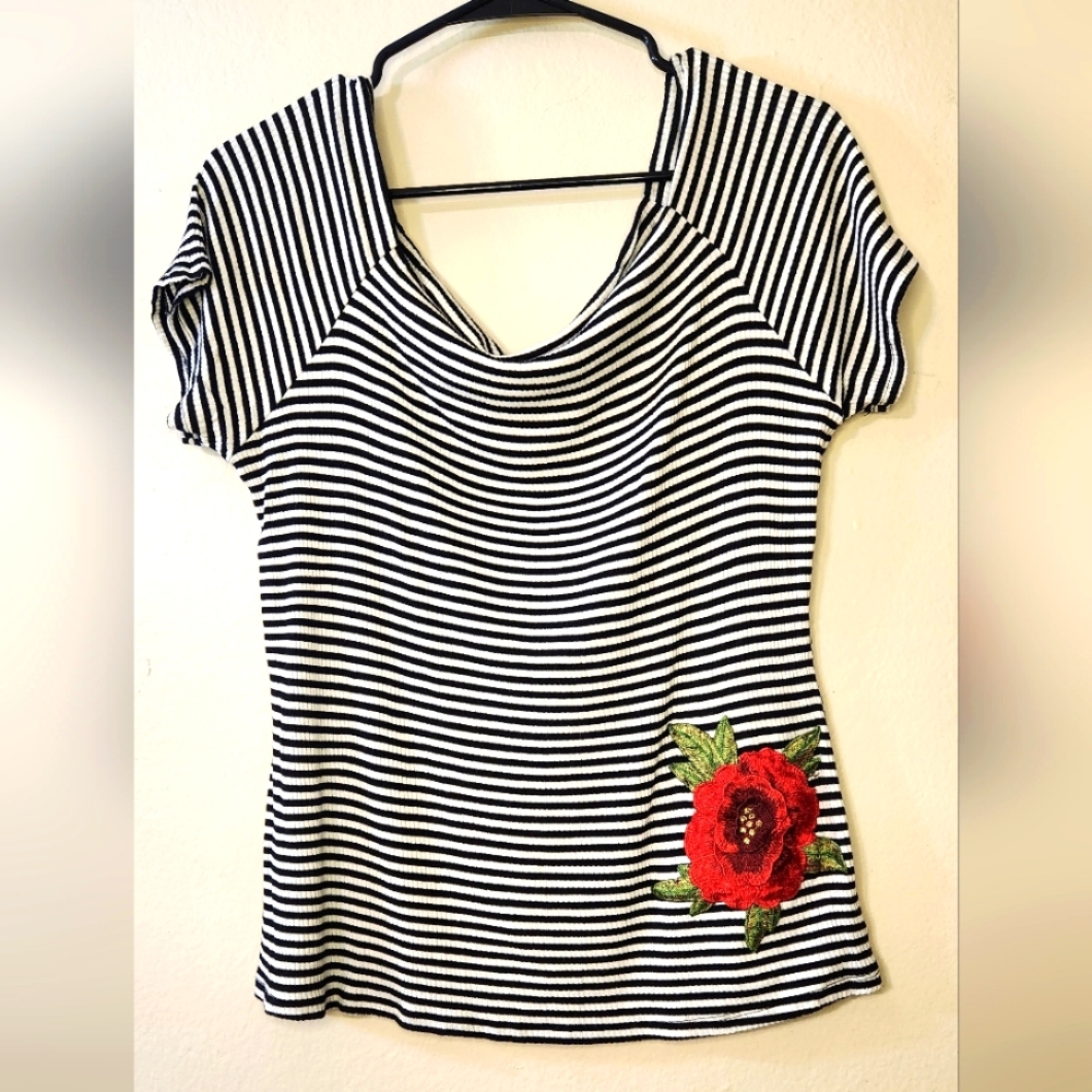 Striped Black and White Top with Red Floral Embroidery